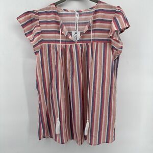 NY Collection Womens Medium Striped Short Flutter Sleeve Top V Neck NEW